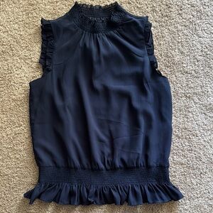 J. Crew Blue Ruffled Sleeveless Blouse with Mandarin Collar